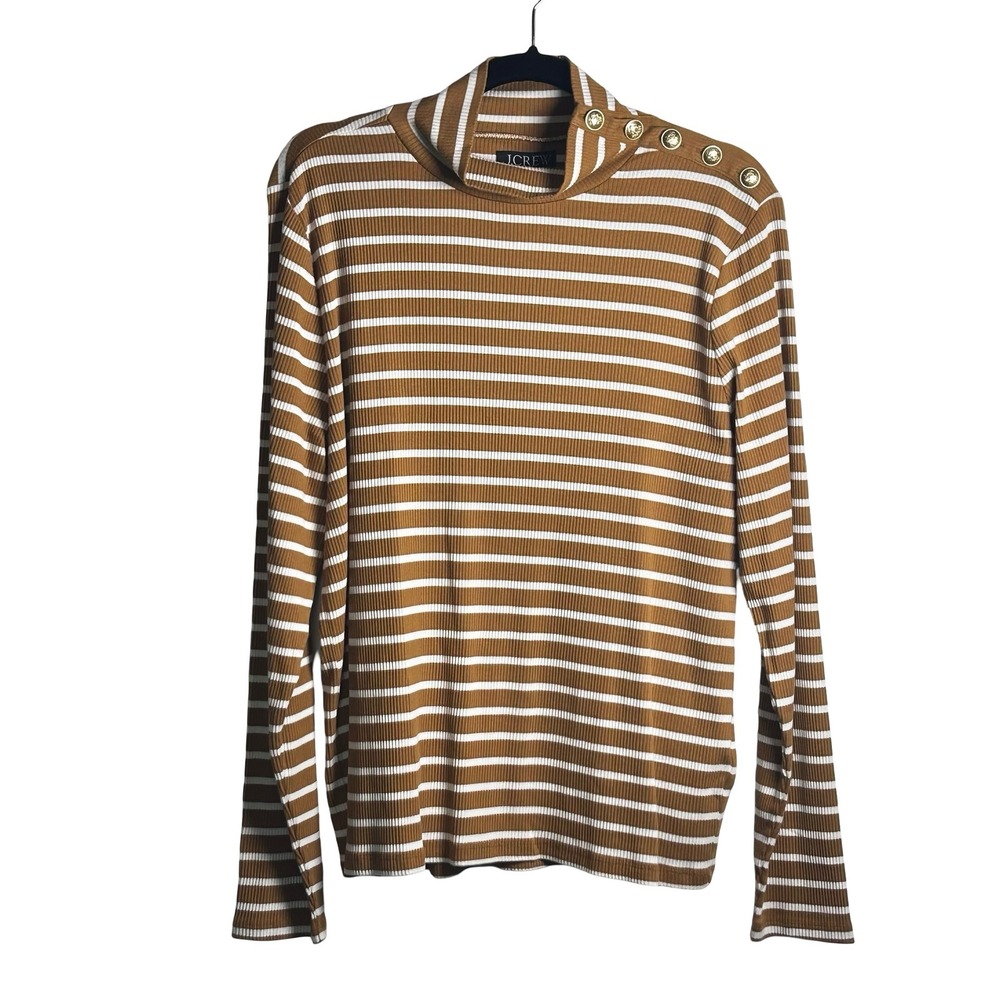 J.Crew‎ Striped Ribbed Mock Neck Top Size XXL Preppy Luxe Nautical Buttons